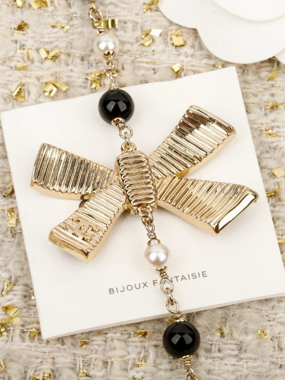 Chanel Gold-Tone Black Enamel Crystal Bow CC Long Necklace - Picture 4 of 6